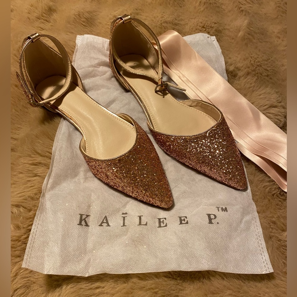 Kailee P Rose Gold Rock Glitter Ankle Strap Flats size 8